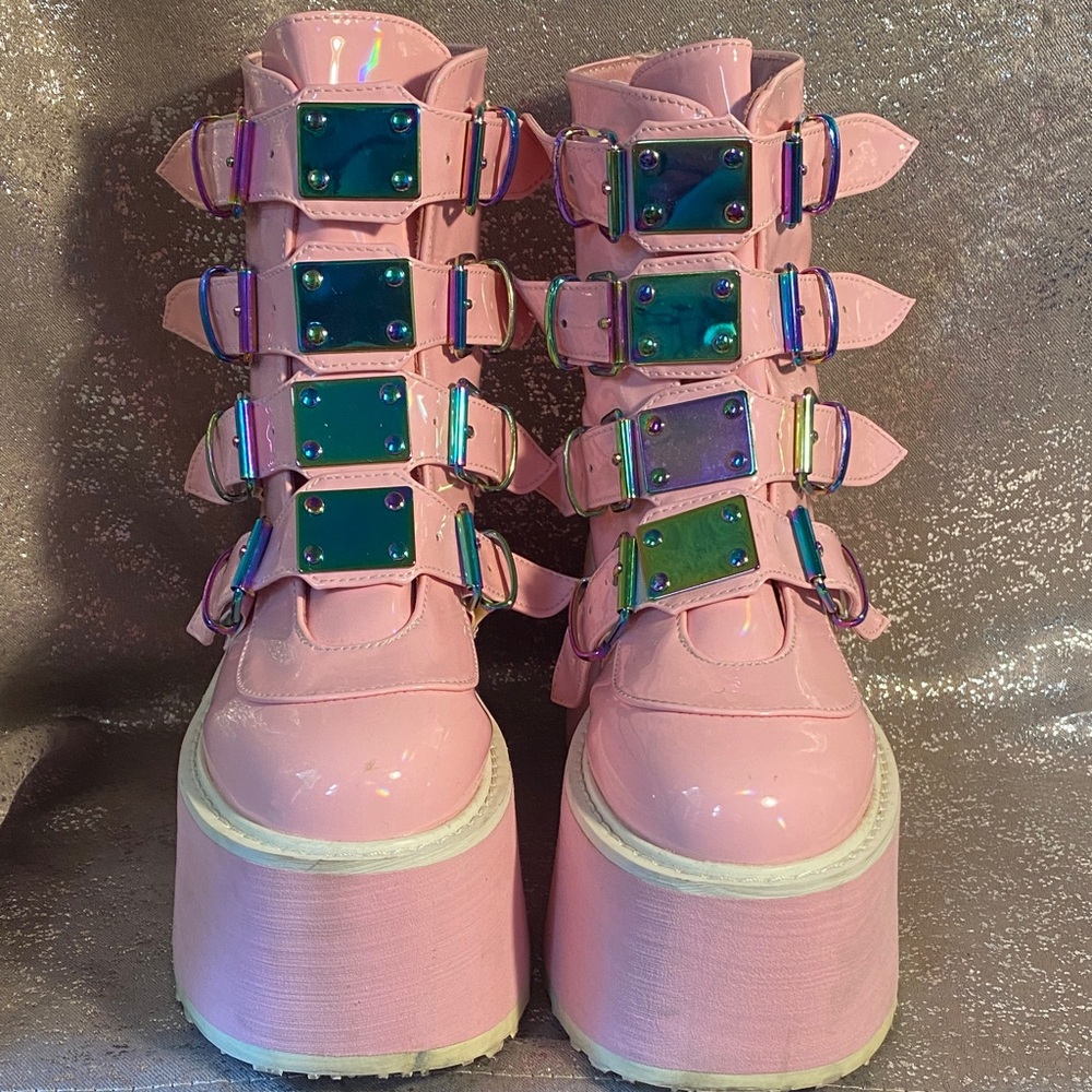 Demonia Pink Platform Boots with Iridescent Buckles